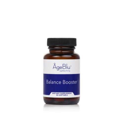 A product shot of a translucent brown bottle of Ageblu Balance Booster dietary supplement on a white background.