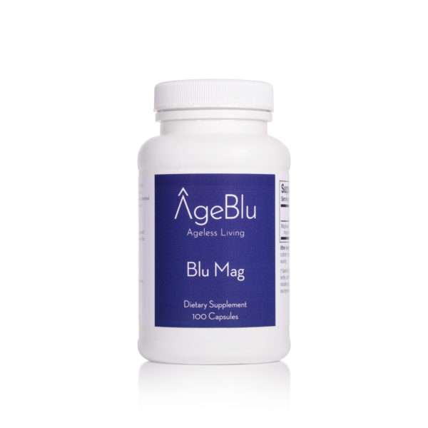 A 100 Capsule Bottle of Blu Mag Dietary Supplement on a White Back Ground