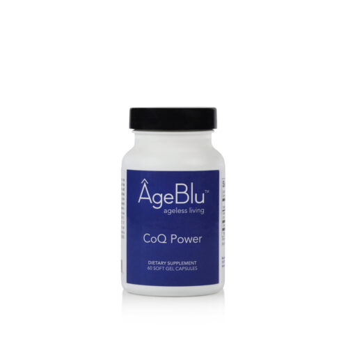 A product shot of a white bottle of Ageblu CoQ Power supplement on a white background.
