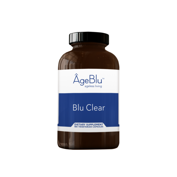 A product shot of an amber bottle of Ageblu Blu Clear Dietary Supplement on a white background.