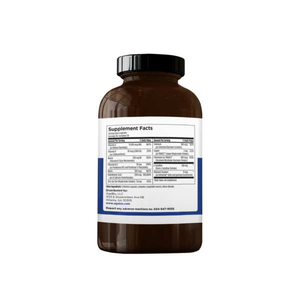 A product shot of an amber bottle of Ageblu Blu Clear Supplement facts- Dietary Supplement on a white background.
