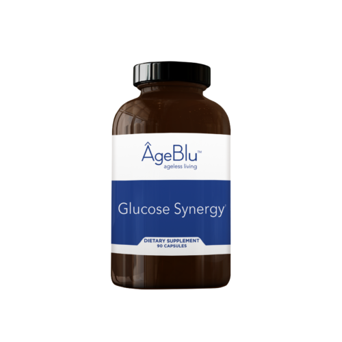 A product shot of an amber bottle of Ageblu Glucose Synergy dietary supplement on a white background.