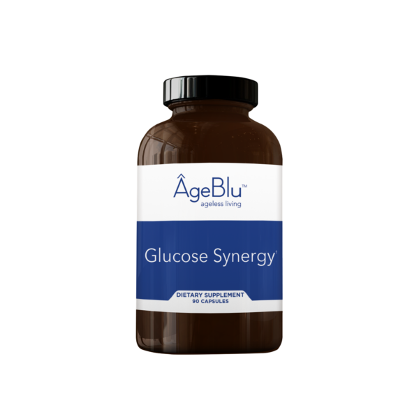 A product shot of an amber bottle of Ageblu Glucose Synergy dietary supplement on a white background.