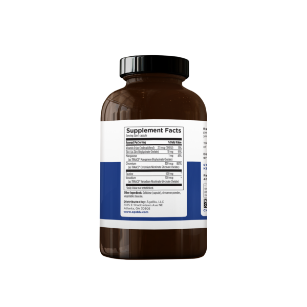 A product shot of an amber bottle of Ageblu Glucose Synergy dietary supplement facts on a white background.