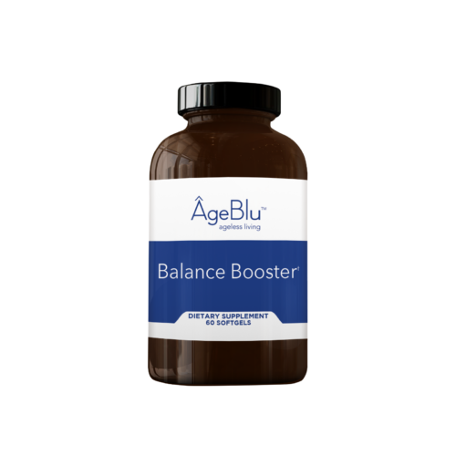 A product shot of an amber bottle of Ageblu Balance Booster dietary supplement on a white background.