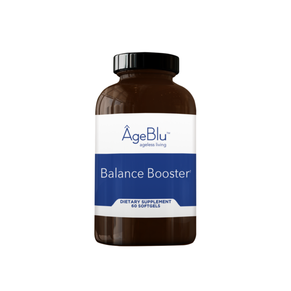 A product shot of an amber bottle of Ageblu Balance Booster dietary supplement on a white background.