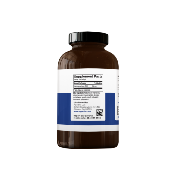 A product shot of an amber bottle of Ageblu Balance Booster dietary supplement facts on a white background.