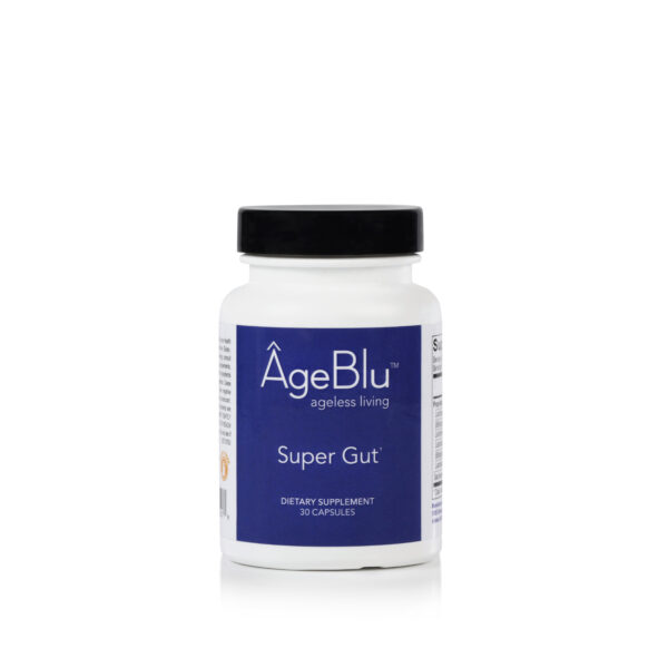 A white product bottle of Ageblu Super Gut on a white background