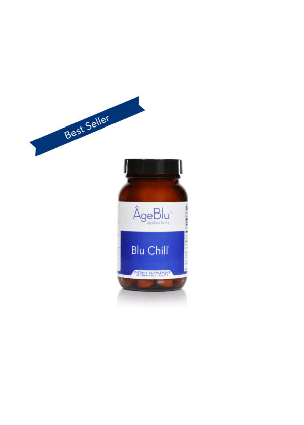 A Bottle of Ageblu Blu Chill supplement on a white background