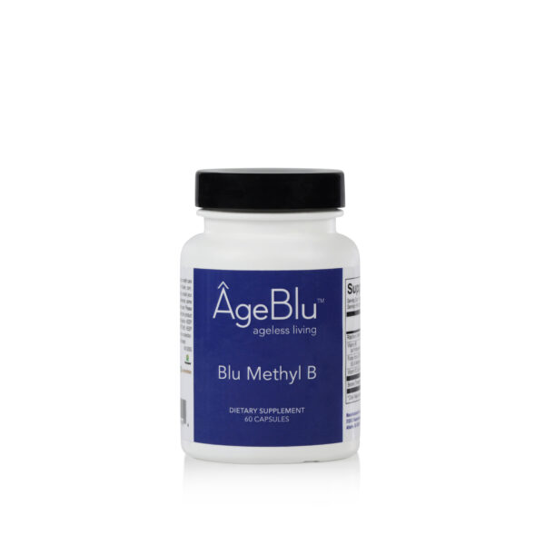 A product shot of a white bottle of Ageblu Blu Methyl B dietary supplement on a white background.
