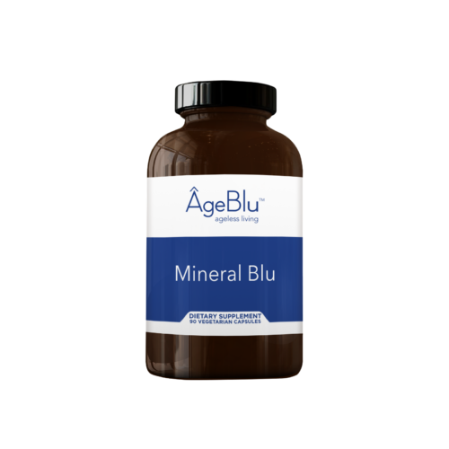 A product shot of an amber Ageblu bottle of Mineral Blu supplement on a white background.