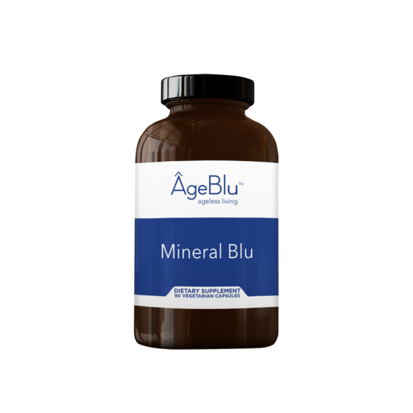 A product shot of an amber Ageblu bottle of Mineral Blu supplement on a white background.