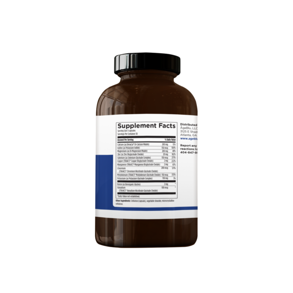 A product shot of an amber Ageblu bottle of Mineral Blu Supplement Facts on a white background.
