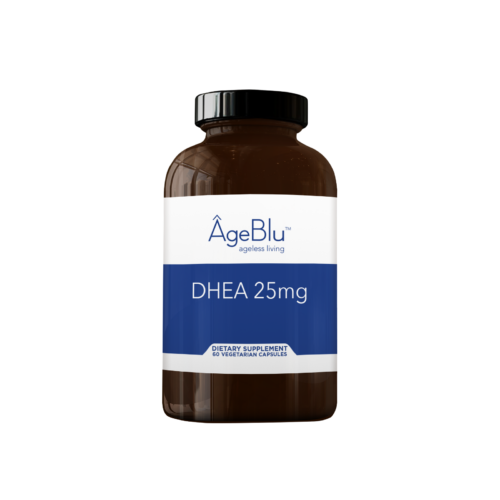 A product shot of an amber bottle of Ageblu DHEA 25 dietary supplement on a white background.