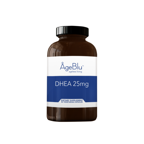 A product shot of an amber bottle of Ageblu DHEA 25 dietary supplement on a white background.