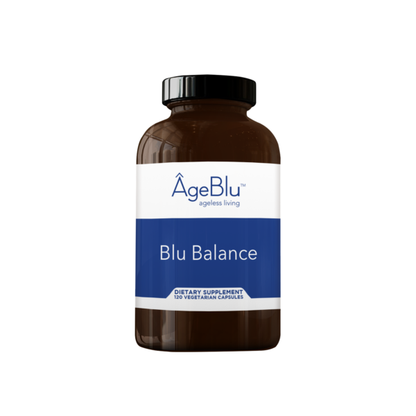 A product shot of a translucent amber bottle of Ageblu Blu Balance dietary supplement on a white background.