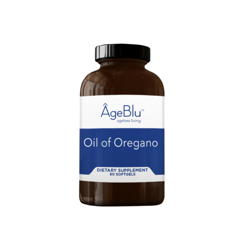 A product shot of an amber bottle of Ageblu Oil of Oregano dietary supplement on a white background.