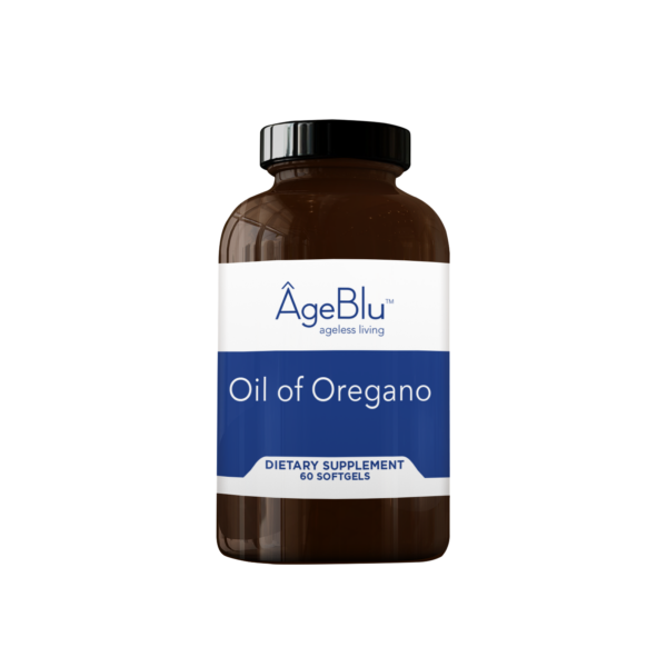 A product shot of an amber bottle of Ageblu Oil of Oregano dietary supplement on a white background.