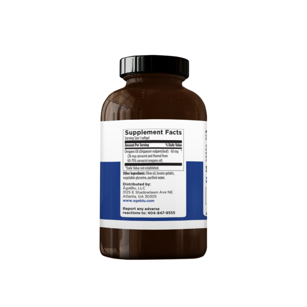 A product shot of an amber bottle of Ageblu Iron Blu dietary supplement facts on a white background.