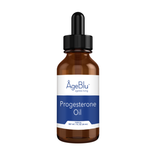 A product shot of an amber bottle of Ageblu Progesterone Oil on a white background.