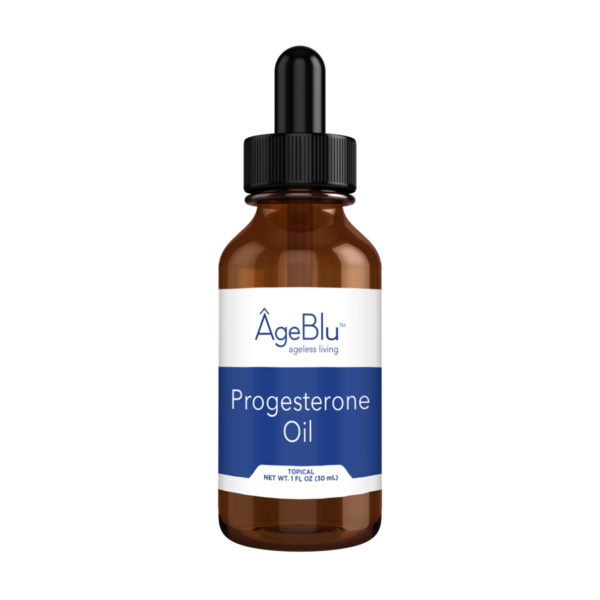 A product shot of an amber bottle of Ageblu Progesterone Oil on a white background.