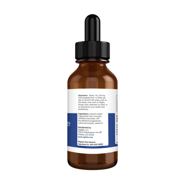 A product shot of an amber bottle of Ageblu Progesterone Oil instructions on a white background.