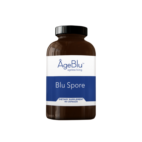 A product shot of an amber bottle of Ageblu Blu Spore dietary supplement on a white background.