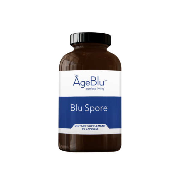 A product shot of an amber bottle of Ageblu Blu Spore dietary supplement on a white background.