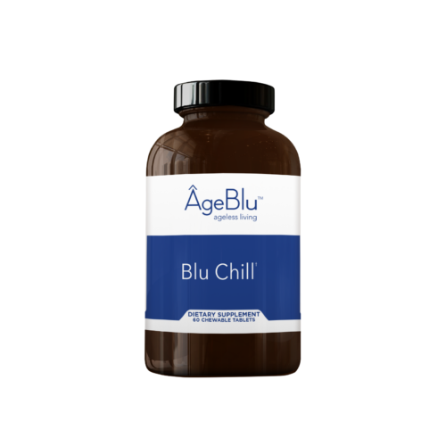 A amber bottle of Ageblu Blu Chill dietary supplement on a white background