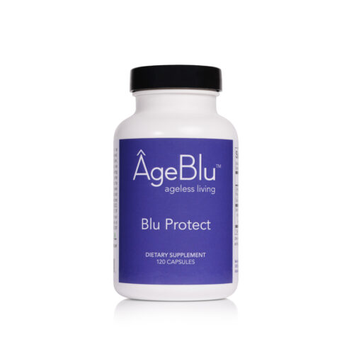 A product shot of a white bottle of Ageblu Blu Protect Dietary Supplement on a white background.