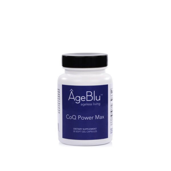 A product shot of a white bottle of Ageblu CoQ Power Max on a white background.