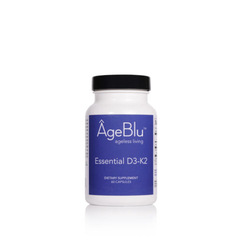 A product shot of a white bottle of Ageblu Essential D3-K2 Supplement on a white background.