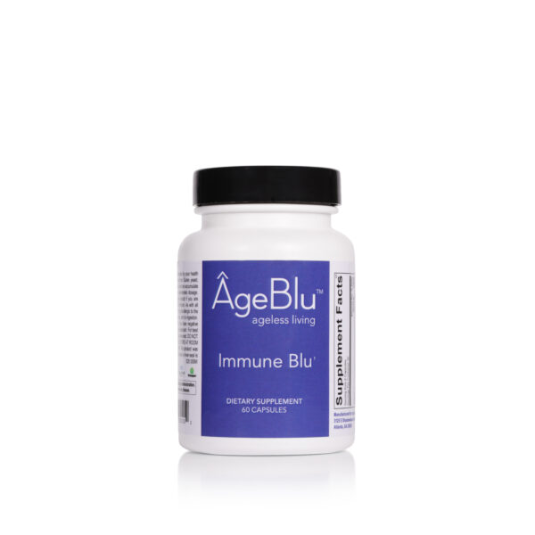 A product shot of a white bottle of Ageblu Immune Blu on a white background.