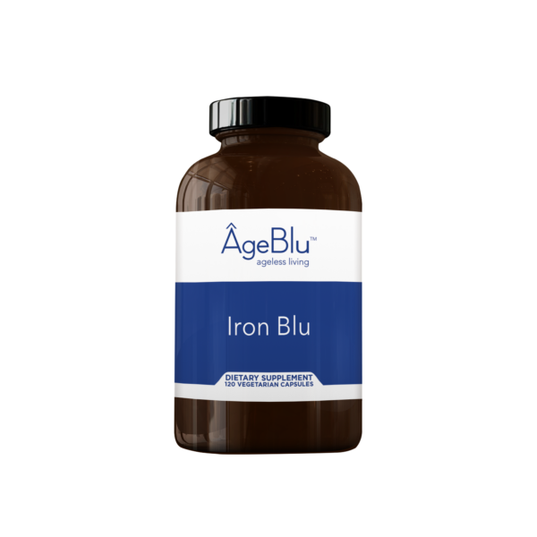 A product shot of an amber bottle of Ageblu Iron Blu dietary supplement on a white background.