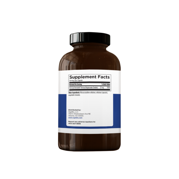 A product shot of an amber bottle of Ageblu Iron Blu dietary supplement facts on a white background.