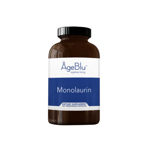 A product shot of an amber bottle of Ageblu Monolaurin dietary supplement on a white background.