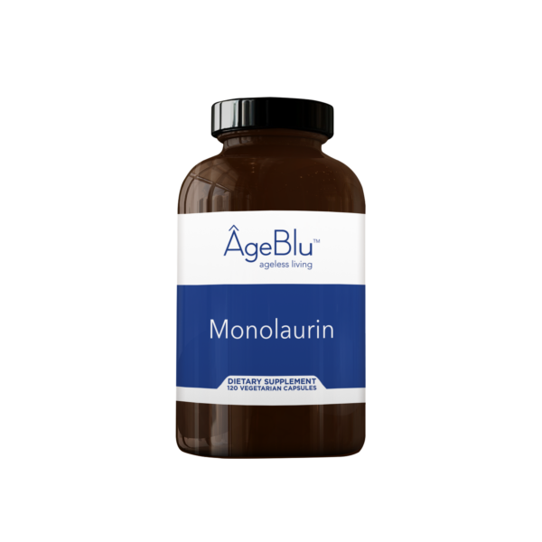 A product shot of an amber bottle of Ageblu Monolaurin dietary supplement on a white background.