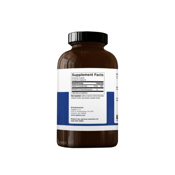 A product shot of an amber bottle of Ageblu Monolaurin dietary supplement facts on a white background.