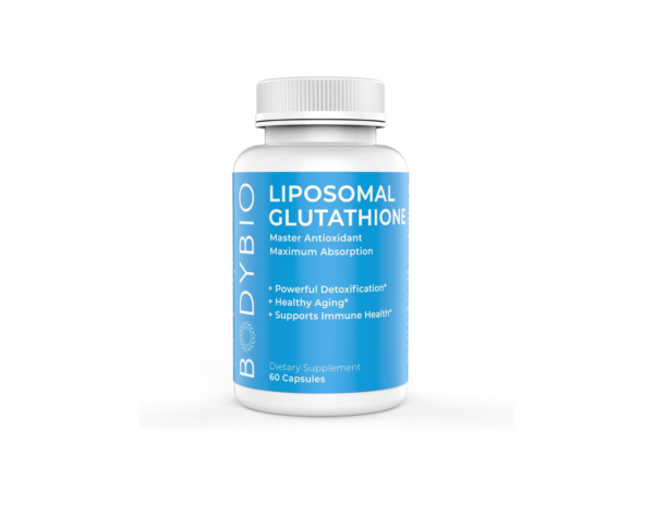 Blue Body Bio Liposomal Glutathione. Glutathione is a master antioxidant that has powerful detoxification and healthy aging properties. It also supports immune health. 60 capsules. Bottle is affixed on a white background