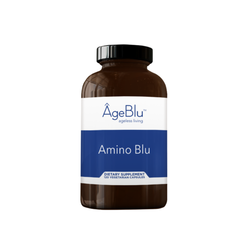 Amber Bottle Amino Blu AgeBlu Supplement with a white and navy label affixed on a white background