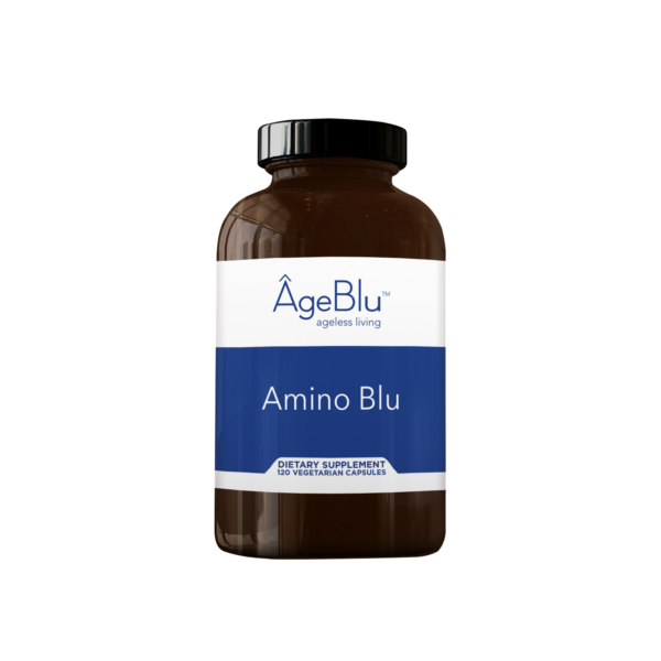 Amber Bottle Amino Blu AgeBlu Supplement with a white and navy label affixed on a white background