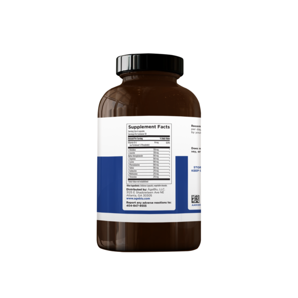 Amber Bottle Amino Blu AgeBlu Supplement, supplement facts with a white and navy label affixed on a white background