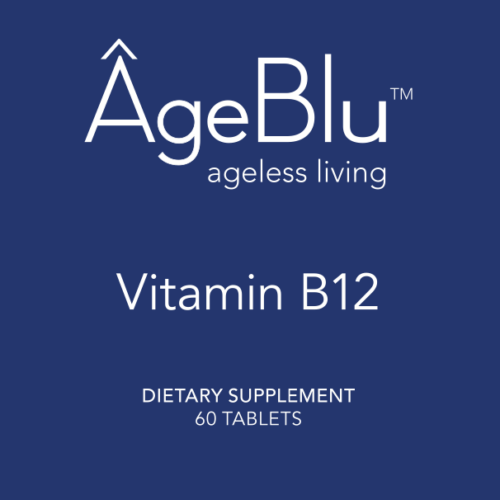 A blue AgeBlu label fr Vitamin B12 dietary supplement
