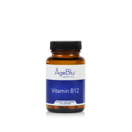 Amber Vitamin B12 bottle with a white and blue label