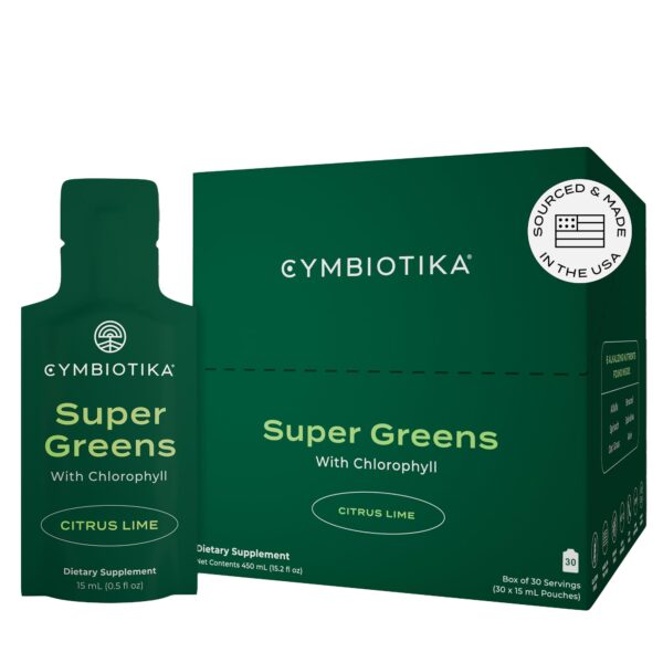 Green Cymbiotika Super Greens affixed on a white background. Image features a box and a sachet.