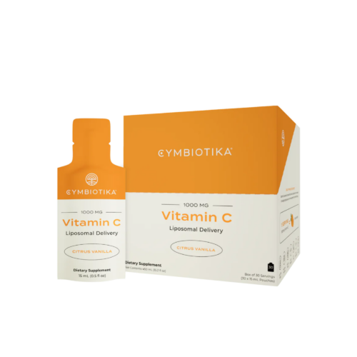 Orange Cymbiotika Liposomal Vitamin C affixed on a white background. Image features a box and a sachet.