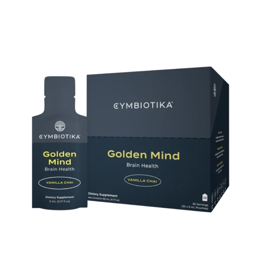 Grey Cymbiotika Golden Mind affixed on a white background. Image features a box and a sachet.