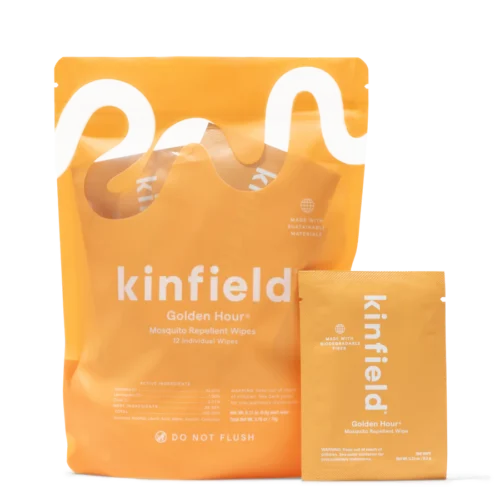 Orange Kinfield Golden Hour Mosquito Repellant Wipe Package (12 count) and a single individual wipe