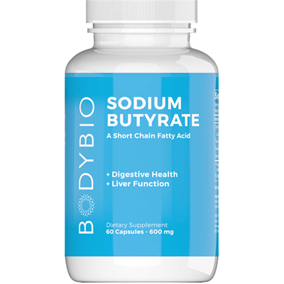 A white 60 capsule bottle of Bodybio Sodium Butyrate on a white background