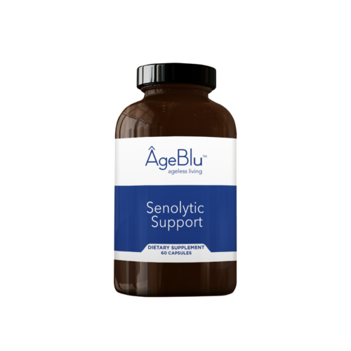 A product shot of an amber bottle of Ageblu Senolytic Support dietary supplement on a white background.